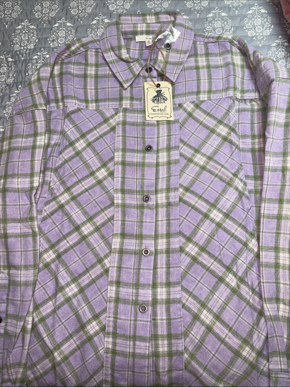 easel Lavender and Olive Green Plaid Button-Up Shirt